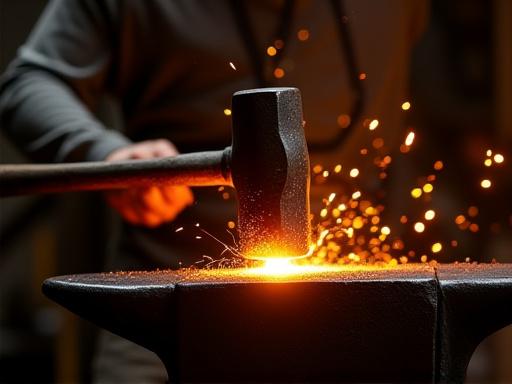 Martello che colpisce un pezzo di metallo incandescente